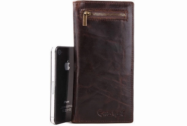 Handmade Vintage Bifold Coffee Men Leather Long wallet clutch purse For Men