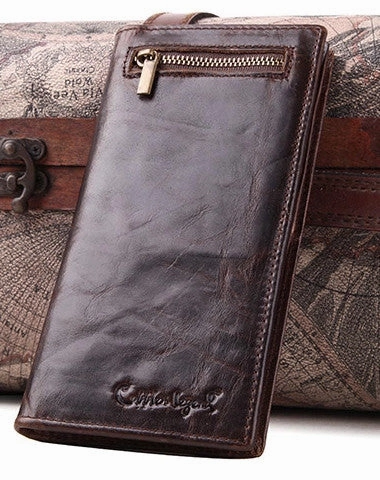 Handmade Vintage Bifold Coffee Men Leather Long wallet clutch purse For Men