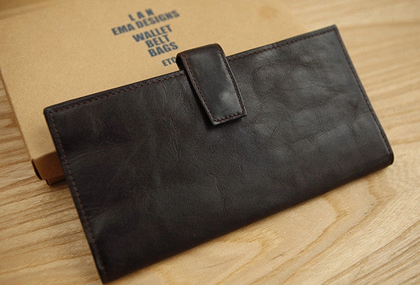 Handmade vintage brown leather clutch bag long wallet multi ID card holders slots for men