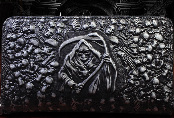 Handmade zip long wallet leather men skull death clutch phone wallet for men