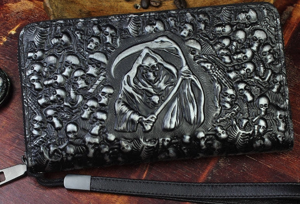 Handmade zip long wallet leather men skull death clutch phone wallet for men