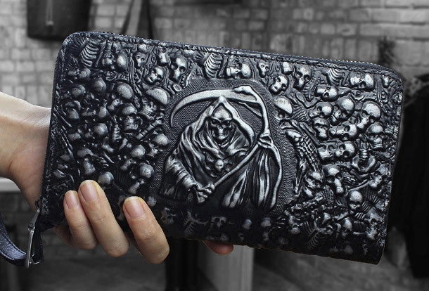 Handmade zip long wallet leather men skull death clutch phone wallet for men