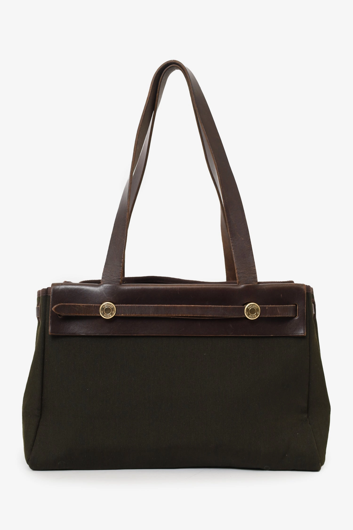 Hermes 2003 Brown/Green Leather/Canvas Changeable Vibrato Herbag PM (As Is)