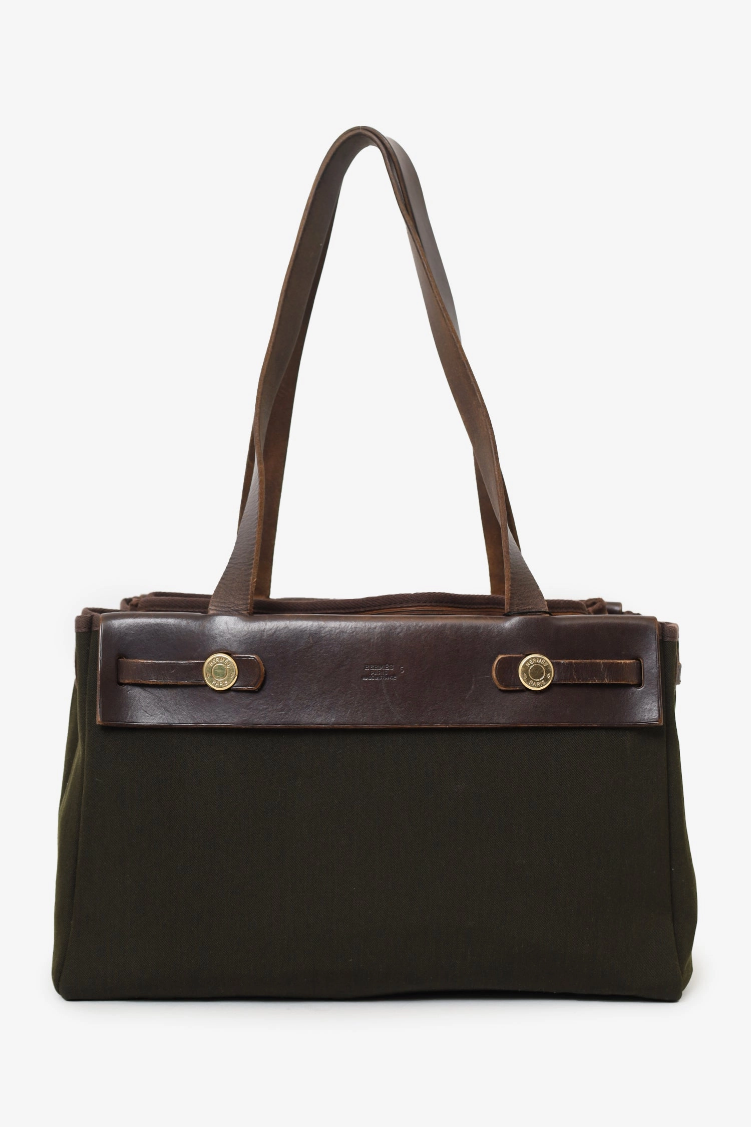 Hermes 2003 Brown/Green Leather/Canvas Changeable Vibrato Herbag PM (As Is)