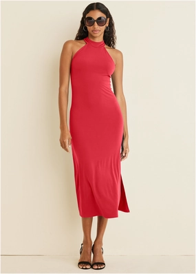 High Neck Midi Dress - Red