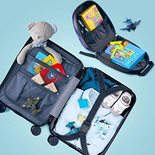 iPlay, iLearn Kids Carry On Luggage Set, 18" Hardside Rolling Suitcase W/ Spinner Wheels, Hard Shell Travel Luggage W/ Backpack for Boys Toddlers Children