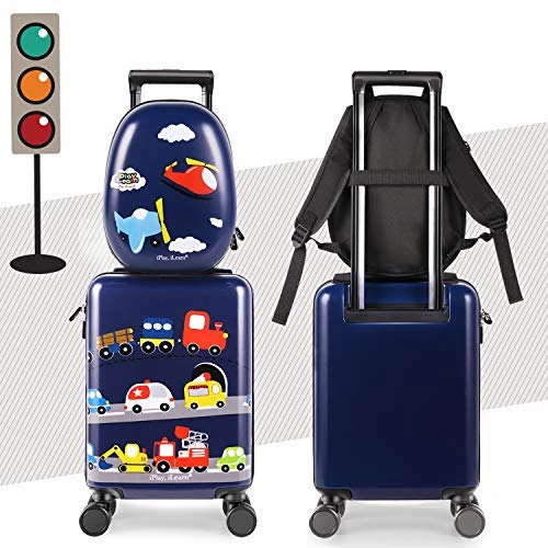 iPlay, iLearn Kids Carry On Luggage Set, 18" Hardside Rolling Suitcase W/ Spinner Wheels, Hard Shell Travel Luggage W/ Backpack for Boys Toddlers Children