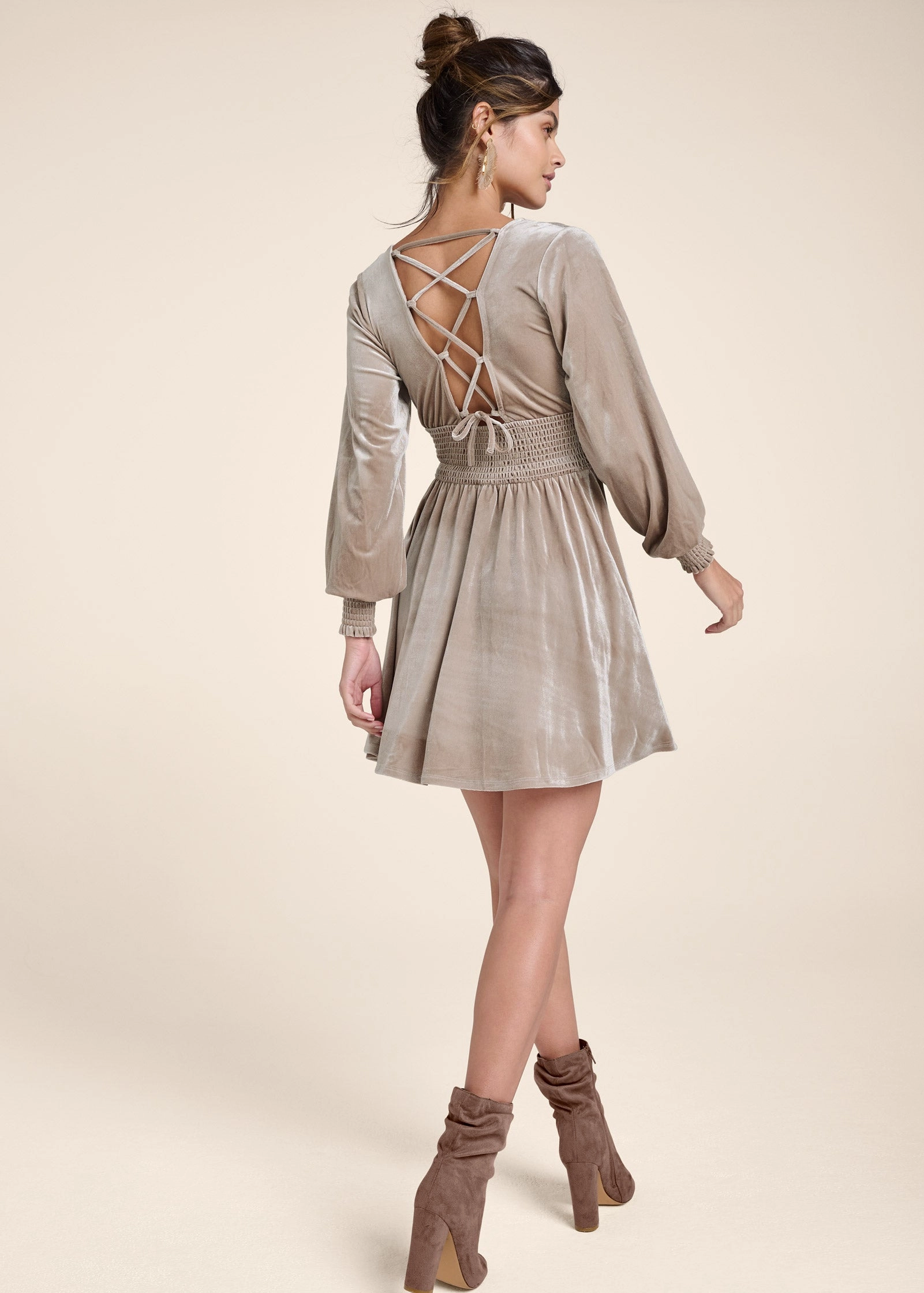 Lace-Up Back Velvet Dress - Taupe