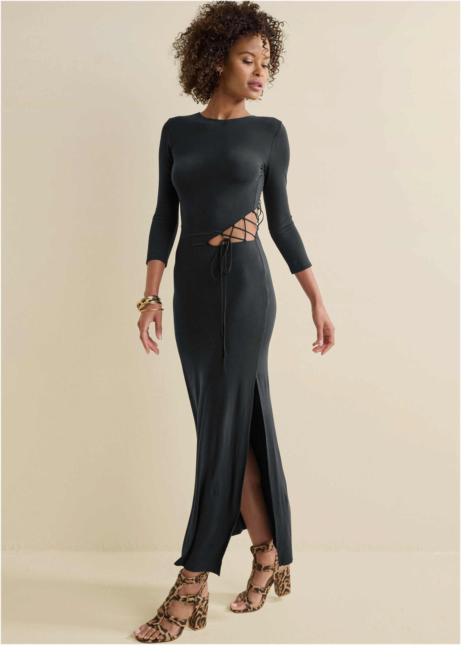 Lace-Up Cutout Maxi Dress? - Black