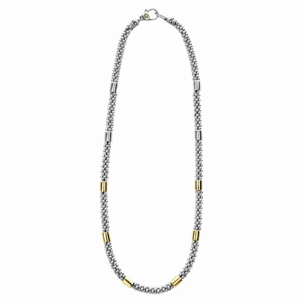 Lagos High Bar Two-Tone Station Caviar Necklace, 5mm