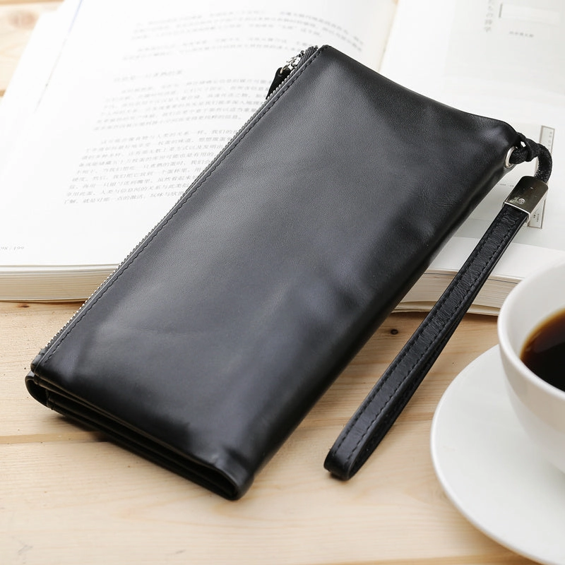 LEATHER Long Wallet for MEN Black Clutch Wristlet Bag FOR MEN