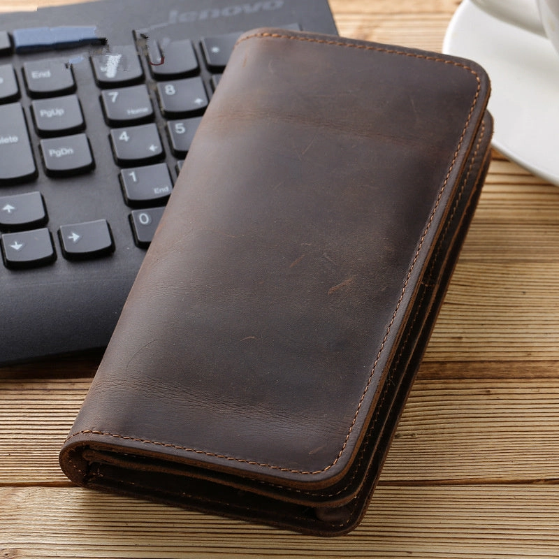 Leather Long Wallet for Men Vintage Bifold Wallet with Multi Cards