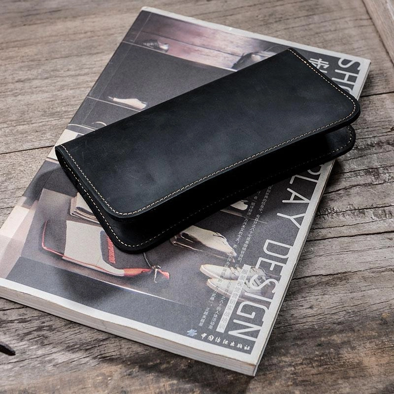 Leather Long Wallets for men Black Bifold Men Long Wallet