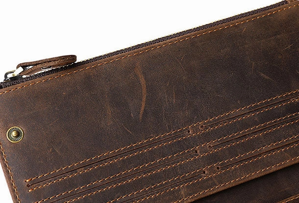 Leather Long wallets for Men Wallet Vintage Zipper Credit Cards Wallet for Men Bifold