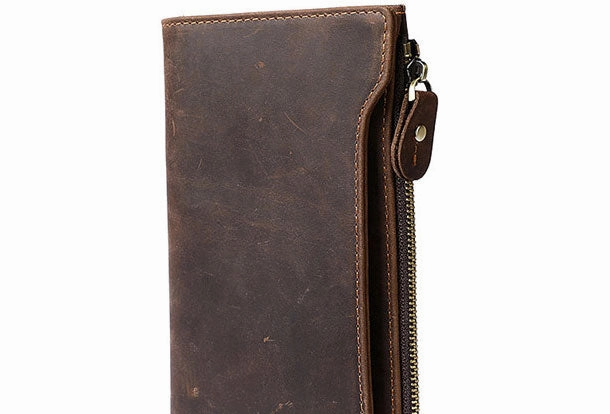 Leather Long wallets for Men Wallet Vintage Zipper Credit Cards Wallet for Men Bifold