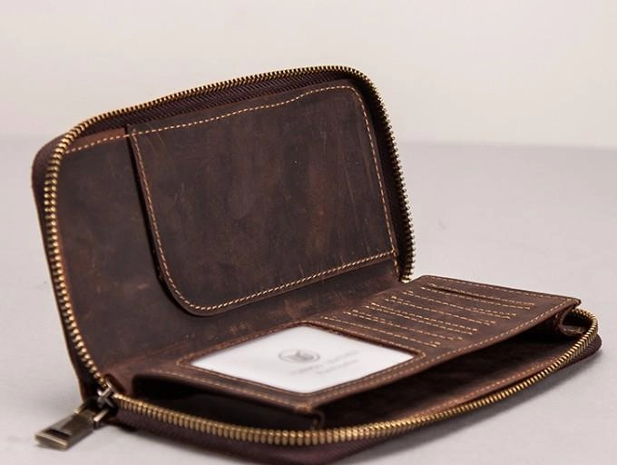 Leather Men Zipper Travel Wallet Passport Wallet Bifold Long Wallets for Men