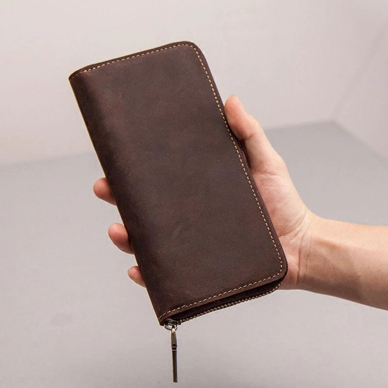 Leather Men Zipper Travel Wallet Passport Wallet Bifold Long Wallets for Men