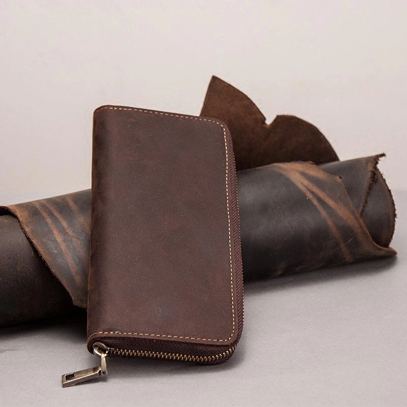Leather Men Zipper Travel Wallet Passport Wallet Bifold Long Wallets for Men