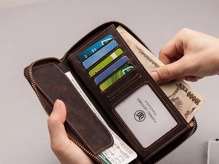 Leather Men Zipper Travel Wallet Passport Wallet Bifold Long Wallets for Men