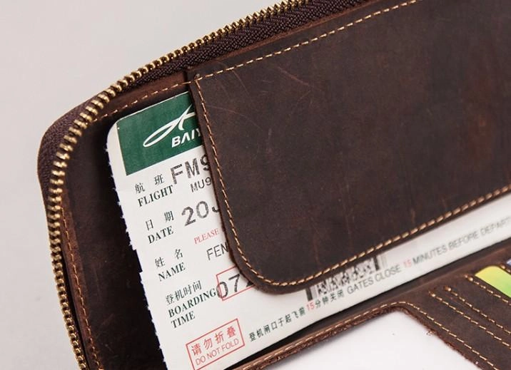 Leather Men Zipper Travel Wallet Passport Wallet Bifold Long Wallets for Men