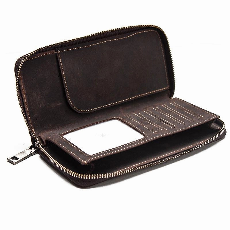 Leather Men Zipper Travel Wallet Passport Wallet Bifold Long Wallets for Men