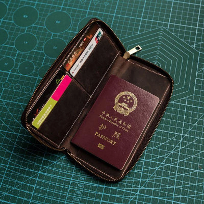Leather Men Zipper Travel Wallet Passport Wallet Bifold Long Wallets for Men