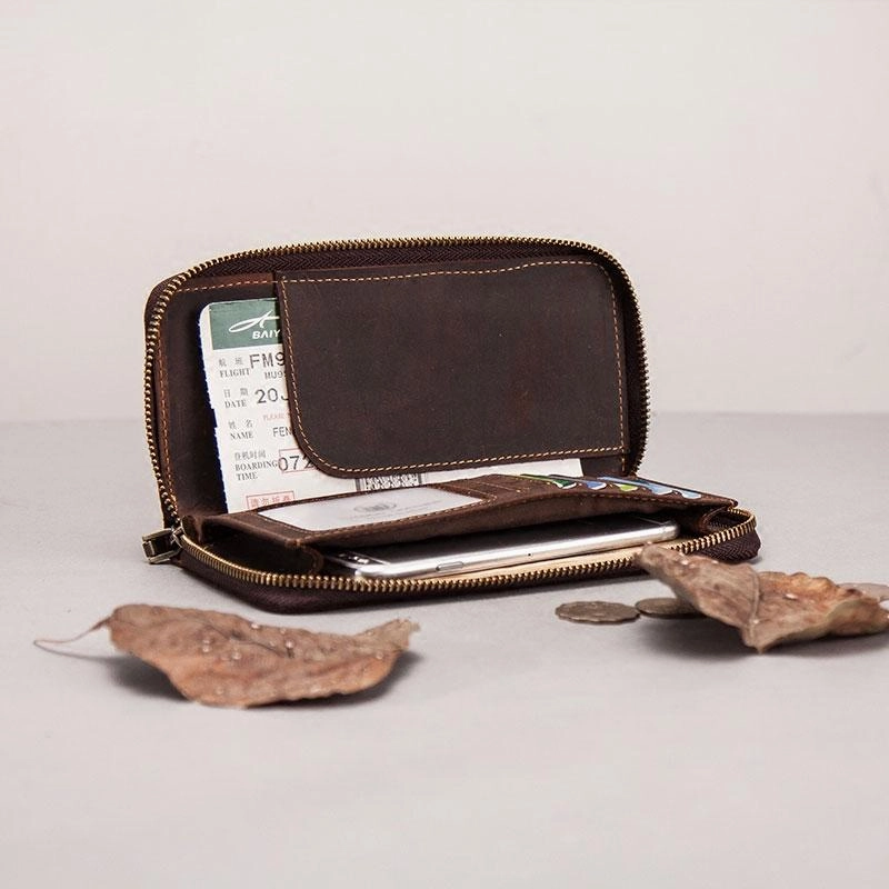 Leather Men Zipper Travel Wallet Passport Wallet Bifold Long Wallets for Men
