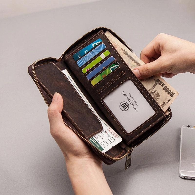 Leather Men Zipper Travel Wallet Passport Wallet Bifold Long Wallets for Men