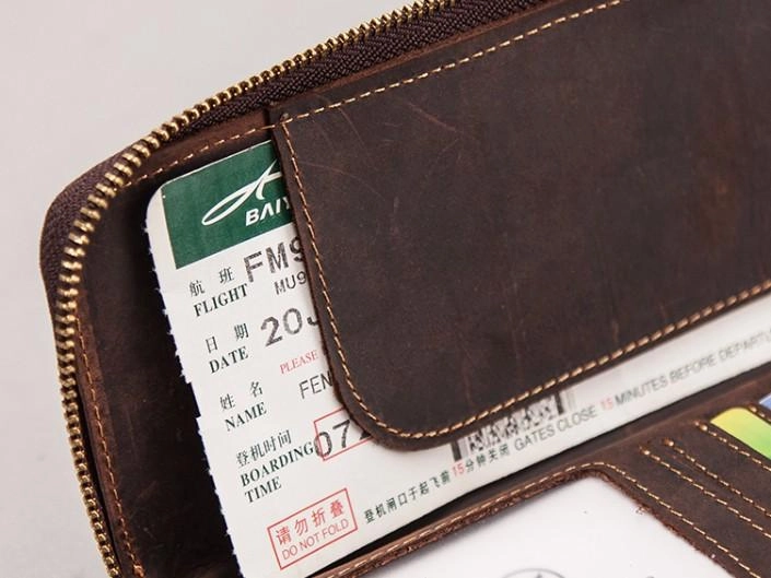 Leather Men Zipper Travel Wallet Passport Wallet Bifold Long Wallets for Men