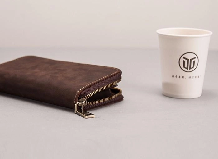 Leather Men Zipper Travel Wallet Passport Wallet Bifold Long Wallets for Men