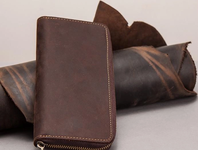 Leather Men Zipper Travel Wallet Passport Wallet Bifold Long Wallets for Men