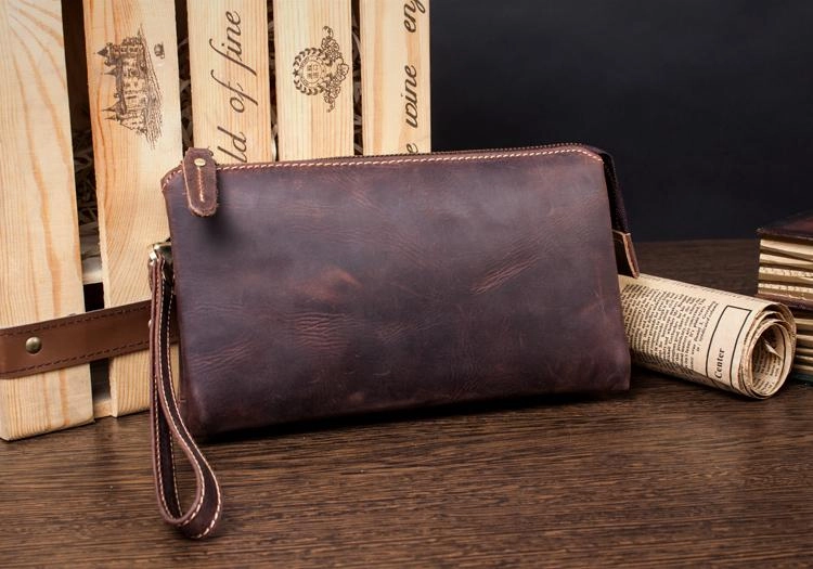 Light Brown Cool Mens long Wallet Wristlet Wallet Clutch Wallet Dark Brown Long Wallets for Men