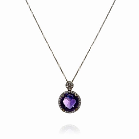 Lisa Nik 18k Yellow Gold Amethyst and Diamond Halo Pendant Necklace