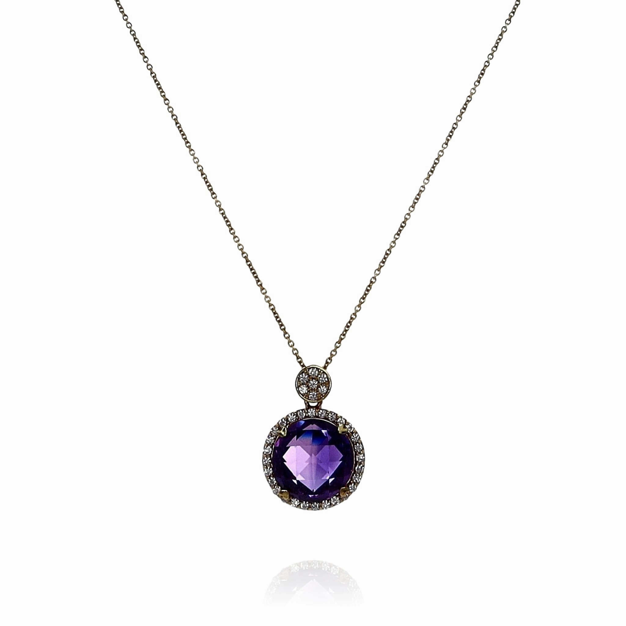 Lisa Nik 18k Yellow Gold Amethyst and Diamond Halo Pendant Necklace