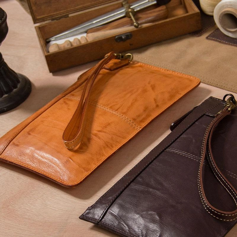 Long Leather Mens Clutch Wallet Wristlet Wallet Vintage Zipper Clutch for Men