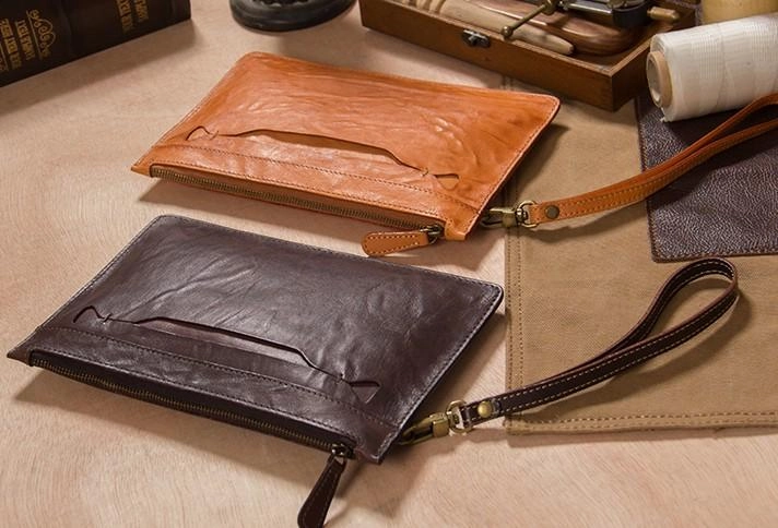 Long Leather Mens Clutch Wallet Wristlet Wallet Vintage Zipper Clutch for Men