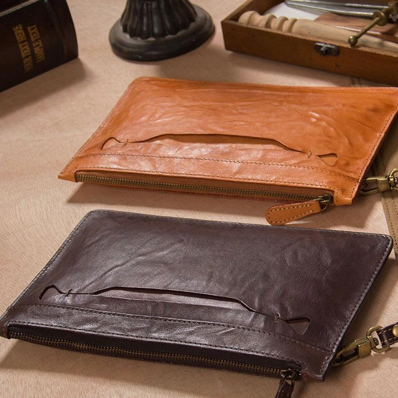 Long Leather Mens Clutch Wallet Wristlet Wallet Vintage Zipper Clutch for Men