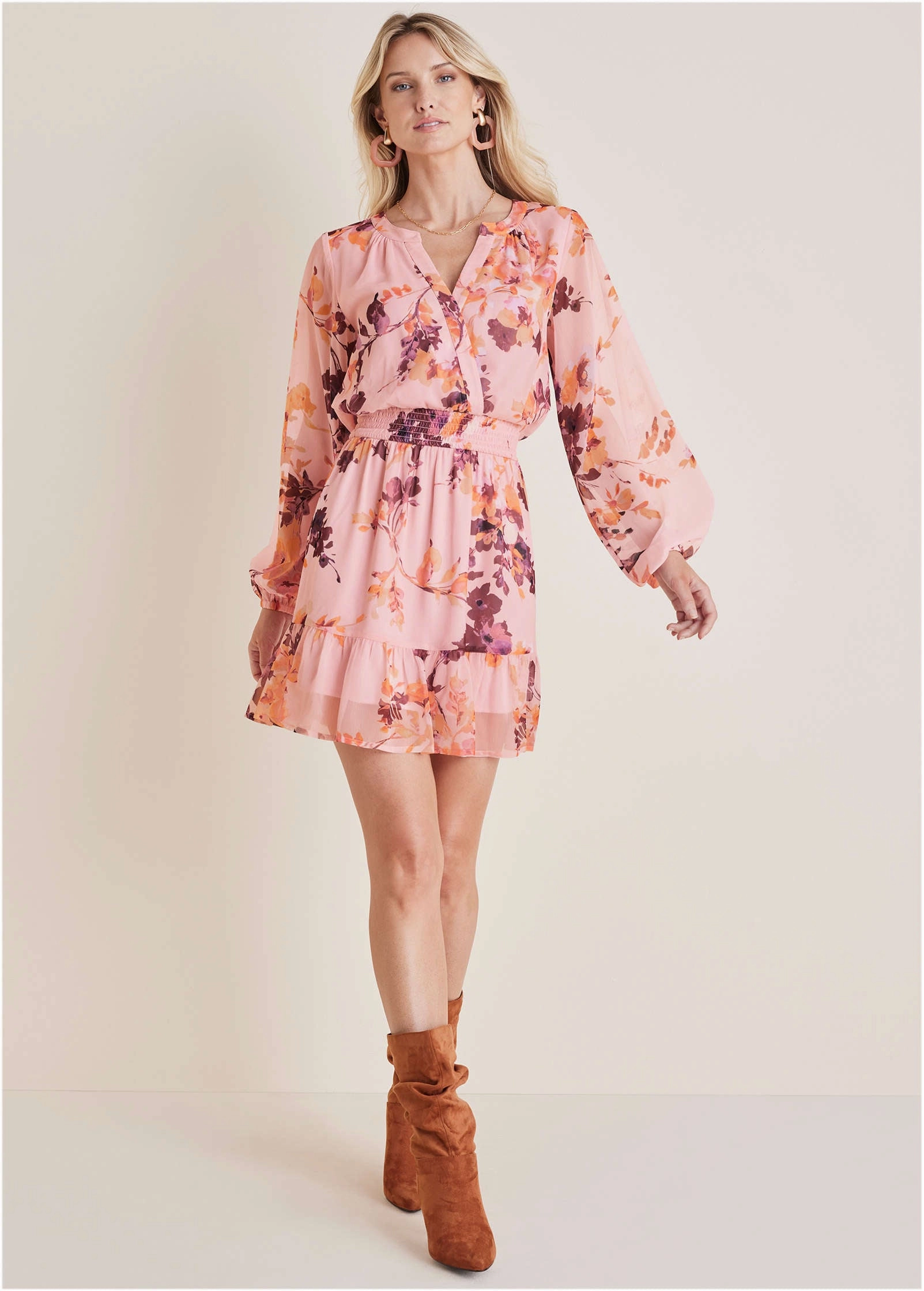 Long Sleeve Floral Mini Dress - Winter Floral