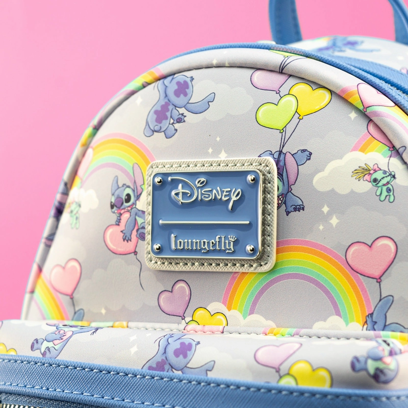 Loungefly x Disney Stitch Rainbows and Heart Balloons All Over Print Mini Backpack