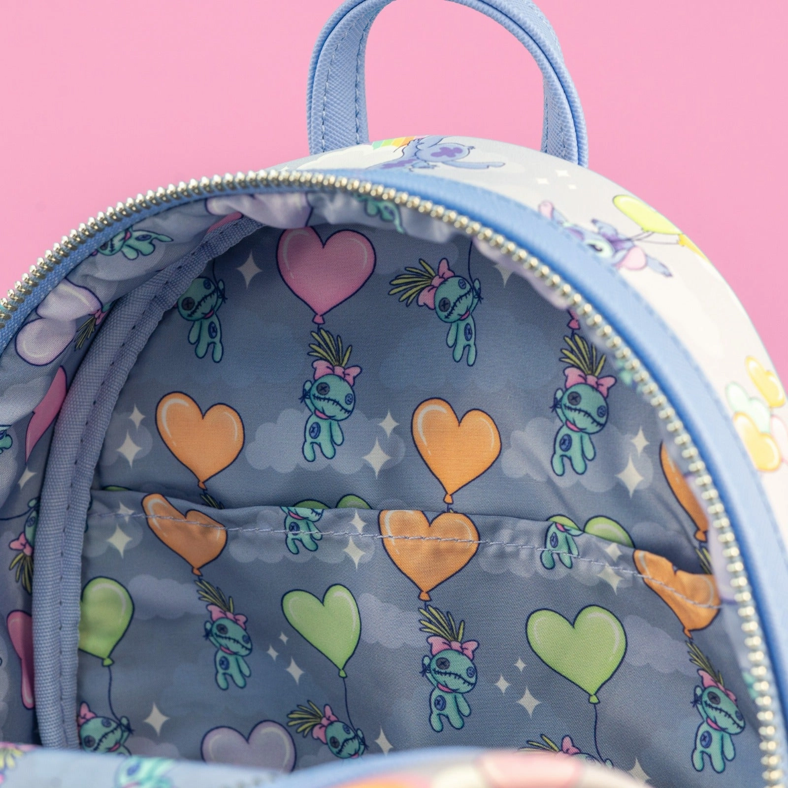Loungefly x Disney Stitch Rainbows and Heart Balloons All Over Print Mini Backpack