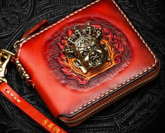 Mahkla Leather Brown Small Biker Wallet Mens Cool billfold Chain Wallet Trucker Wallet with Chain