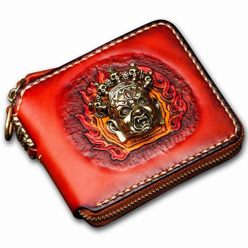 Mahkla Leather Brown Small Biker Wallet Mens Cool billfold Chain Wallet Trucker Wallet with Chain