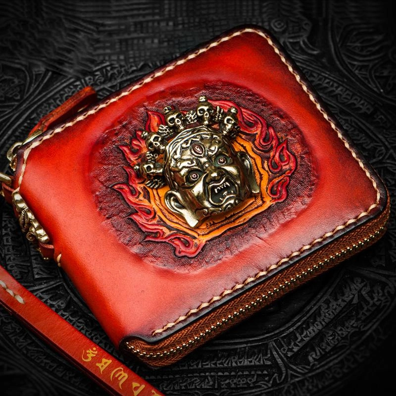 Mahkla Leather Brown Small Biker Wallet Mens Cool billfold Chain Wallet Trucker Wallet with Chain