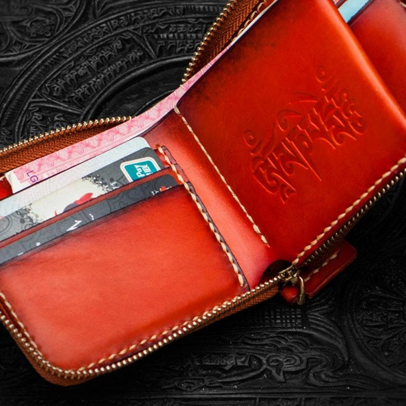 Mahkla Leather Brown Small Biker Wallet Mens Cool billfold Chain Wallet Trucker Wallet with Chain