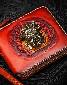Mahkla Leather Brown Small Biker Wallet Mens Cool billfold Chain Wallet Trucker Wallet with Chain