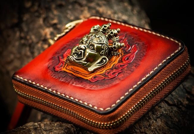 Mahkla Leather Brown Small Biker Wallet Mens Cool billfold Chain Wallet Trucker Wallet with Chain