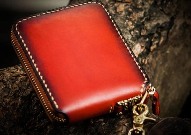 Mahkla Leather Brown Small Biker Wallet Mens Cool billfold Chain Wallet Trucker Wallet with Chain