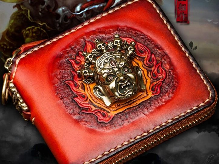 Mahkla Leather Brown Small Biker Wallet Mens Cool billfold Chain Wallet Trucker Wallet with Chain