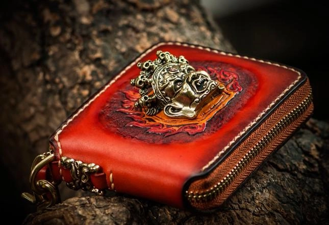 Mahkla Leather Brown Small Biker Wallet Mens Cool billfold Chain Wallet Trucker Wallet with Chain