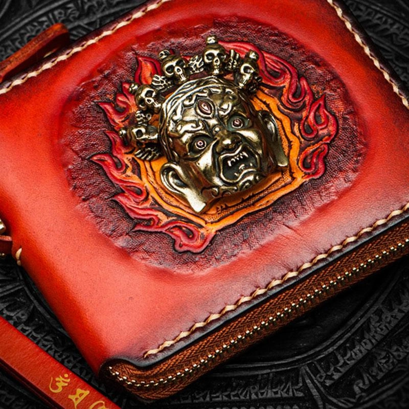 Mahkla Leather Brown Small Biker Wallet Mens Cool billfold Chain Wallet Trucker Wallet with Chain